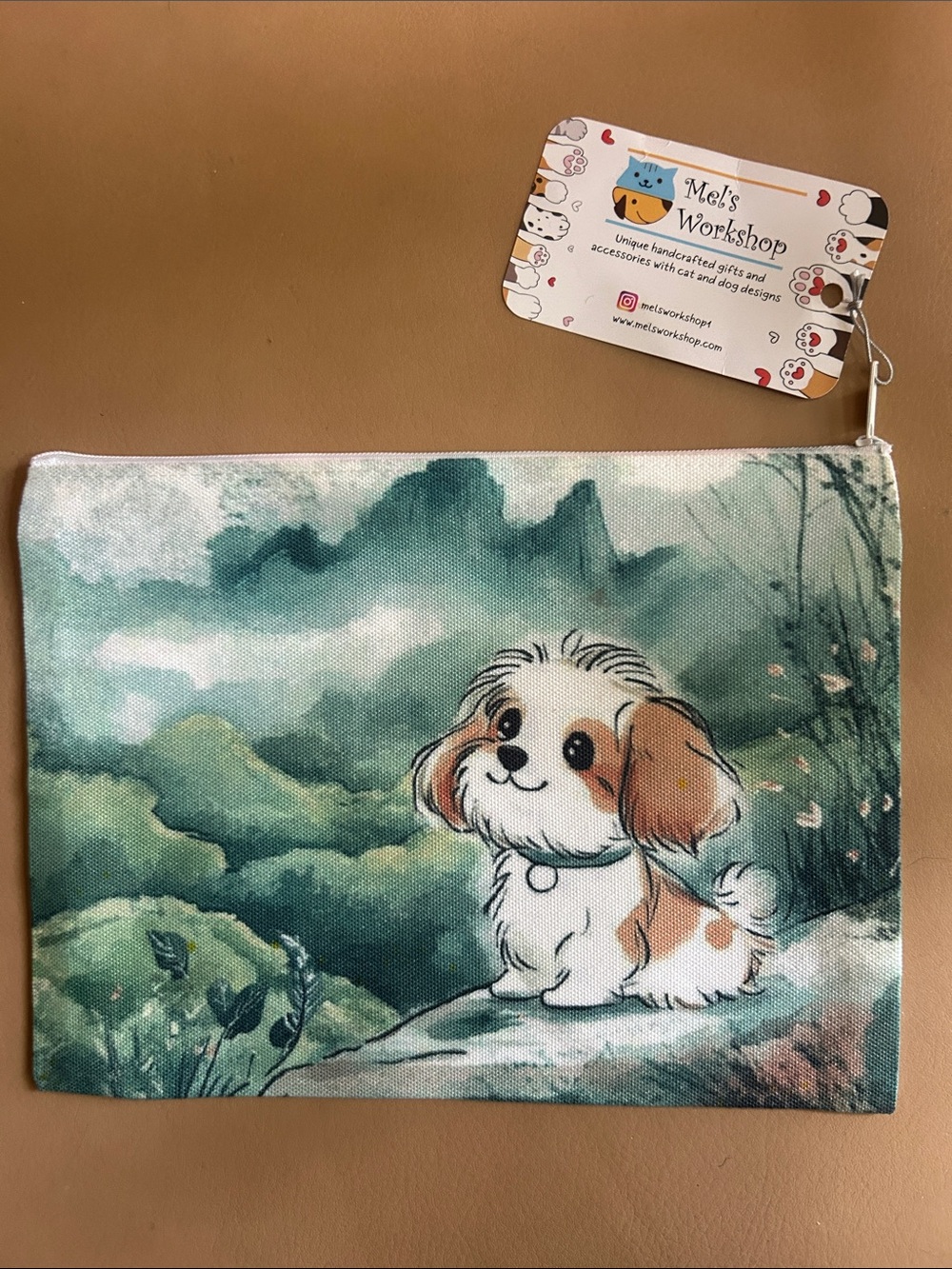 Mel’s Workshop (Etsy)  Teal & White Puppy Accessory Pouch